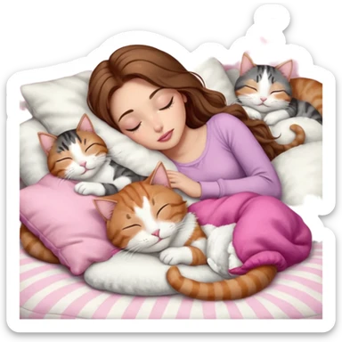 girl with long wavy brown hair, brown eyes, long lashes makeup, sexy pink lips, light to medium complexion,  sleeping on a cozy pillow, with 6 cats: 1 brown and white tabby cat, 1 ginger and white, 2 grey and white, 1 grey with white mittens and small white patch on chest and 1 calico, sleeping sticker