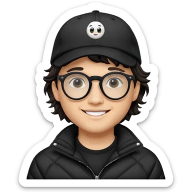 Young man wearing a black puffer jacket, black baseball cap, round black glasses, wavy hair peeking out from under the cap, smiling
 sticker