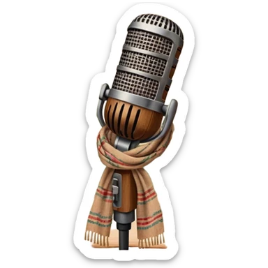 Create a traditional and warm emoji representing folk singing, using a humanless collage. The design should feature a rustic wooden microphone or an old-fashioned folk instrument like a balalaika, gusli, or a domra, placed alongside traditional elements such as a hand-woven scarf or a wooden flute. Include natural, earthy details like wildflowers, musical notes, and rustic textures, evoking the feeling of folk music in its purest form. Use warm, earthy colors like brown, gold, red, and green to create a cozy and organic vibe. The background should be transparent. sticker