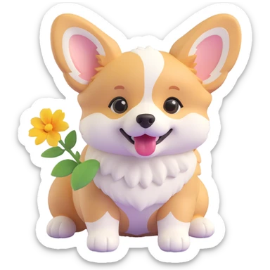 small cute corgi puppy with flower, playful expression, fluffy fur sticker