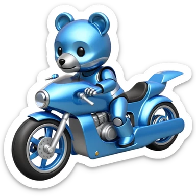  Metallic blue and lightly chrome-accented  kid-sized race car for furry scary robot teddy bear with custom aero body and rear wing and motorcycle-sized wheels  sticker