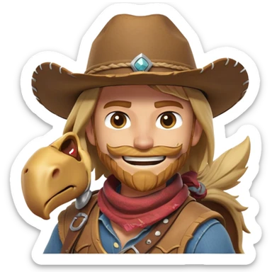 clash-of-clans-aesthetic_-cinematic-playful-cowboy-portrait-emoji, head-tilted with a roguish, cheeky grin and twinkling eyes, featuring a rugged, spirited build with a wide-brimmed cowboy hat and a weathered bandana on tan skin, riding a powerful galloping horse with dynamic flowing mane, reins gripped firmly in one hand and a lasso in the other, as dust swirls behind them in a vast desert landscape. sticker