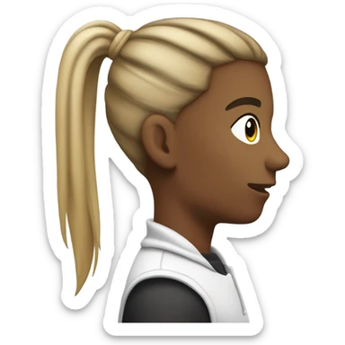 A photo of a white emoji side view with a pony tail that’s half white and half black on the top with a black cheek   sticker