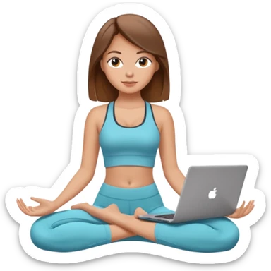 A white girl with brown hair who works remotely through her laptop and enjoys yoga sticker