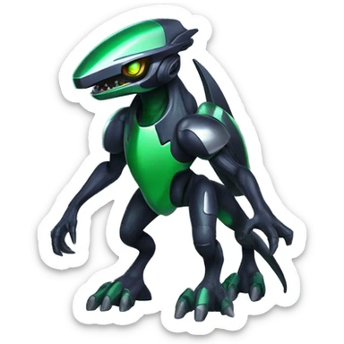 a shiny black-green Genesect-Raptor-Fakémon—hybrid with a futuristic visor-helmet full body sticker