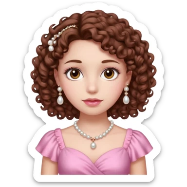 A girl with a brown curly hair and beautiful brown eyes and white skin and pink dress with pearl jewelry sticker