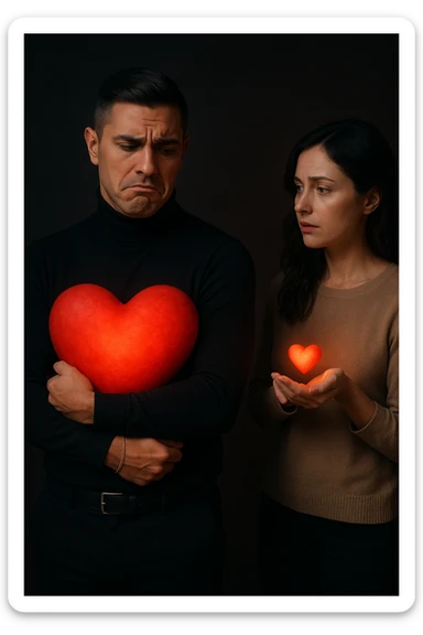 an Italian man in his 30s with olive skin and dark hair stands apart from a woman who offre un piccolo cuore luminoso tra le mani. Lui guarda il cuore con un’espressione triste e insoddisfatta, tenendo tra le braccia un cuore molto più grande e brillante, mentre la distanza tra loro è accentuata da luci soffuse e ombre. sticker