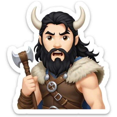 vikingo, con cuerno de vaca, pelo negro ondulado, de pie, grito de guerra en torre de Asgard. sticker