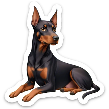 Close-up of a Doberman Pinscher sitting on lush green grass, looking alert and majestic. The background features a beautiful, serene nature view with rolling hills and bright blue skies. The dog’s sleek black and tan coat shines under the sun. Transparent background. sticker