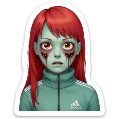 Crie um emoji de uma menina zumbi  com o cabelo vermelho longo com uma franja reta casaco de gola alta da adidas sticker