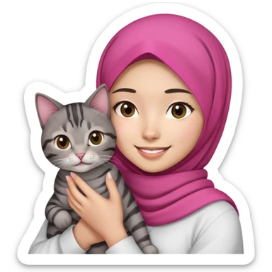 Asian white Girl wearing dark pink hijab with white shirt smiling while holding a black brown grey tabby cat sticker