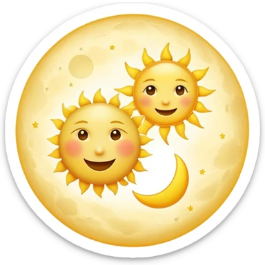 a really bright  big sun and a small moon who shines because of it. the sun is bigger and the tiny \moon bright too beside it smiling sticker