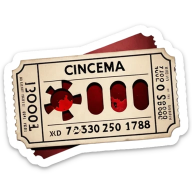 Minimalist emoji-style sticker of an old torn cinema ticket, no text, blood-stained edges and burn holes, grayscale paper

 sticker