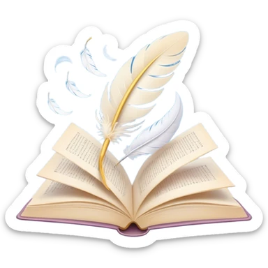 Create a delicate and poetic emoji representing poetry. The design should feature several elegantly flying pages with short poetic columns written on them. The pages should appear light and flowing, almost as if being carried by the wind. Include a white feather gently resting on the pages, symbolizing creativity and inspiration. Use soft, pastel tones to give it a dreamy, artistic feel. The design should feel ethereal and whimsical, capturing the essence of poetry. Make the background transparent. sticker