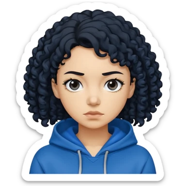 A woman with curly black hair, wearing a blue-black hoodie, and a slightly serious expression on her face. sticker