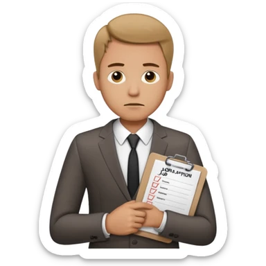 Man looking sad while holding a clipboard with a checklist that has a heading that says job application  sticker