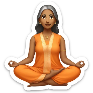 an  Indian woman, sleeveless pastel shirt
 yogi with a peaceful and meditative expression. The character should be wearing an orange robe, symbolizing traditional yogic attire. The yogi can be sitting in a lotus position sticker