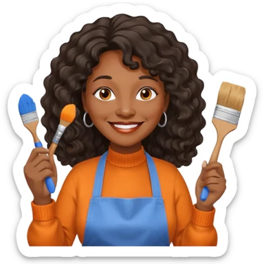 FEMME FRISÉ 60 ANS CHEVEUX NOIR FRISÉ ONDULÉ TRÈS  LONG , SOURIANTE AVEC CHANDAIL ORANGE ,   YEUX BLEU ET UN PINCEAU À LA MAIN LA MAIN AVEC 5 DOIGT SEULEMENT ET TABLIER sticker