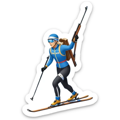 An icon showing a biathlete skiing on a snow-covered Olympic track with a rifle on their back. Cheering fans fill the stands. Majestic mountains, snowy trees, and a bright blue sky complete the scenic winter landscape. Transparent background captures the spirit of biathlon. sticker