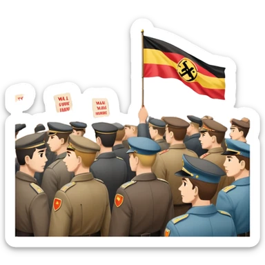 East German protest scene with people holding protest signs, DDR flag, Berlin Wall, subdued mood, 1950s sticker