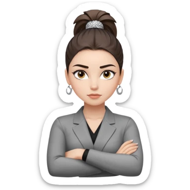 สีตาสีเทาอ่อน มีประกายคม
คิ้วได้รูป มองแล้วดูสตรอง
ผมหางม้าสูง
ลุคสตรีทแฟชั่น
ท่าโพสกอดอก
ฟีล: Girl Boss, cool beauty, minimal but powerful sticker