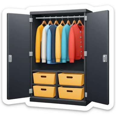 Minimalistic flat vector icon, iOS style, thin black contour on white background. Open wardrobe with neatly arranged boxes inside. Clean, no text, no shadows sticker