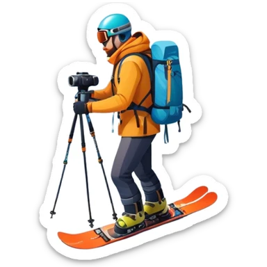 Icon for Mountain Tourism: a snowy mountain peak in the landscape, with skis, a snowboard, an ice axe, a backpack and a camera. The icon should capture the adventure and exploration of mountain landscapes. Transparent background. sticker