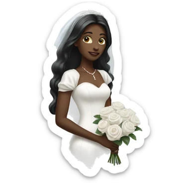 White bride with black long hair and  with long white Dress and long white veil and white roses bouquet in hands   sticker