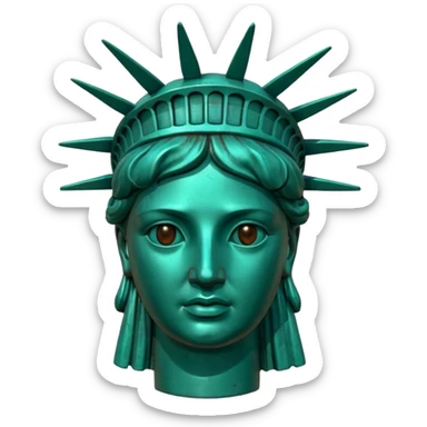 3D render of Statue of Liberty Head, heavily oxidized copper texture, verdigris patina, Classic teal copper texture, weathered bronze aesthetic, ancient decay, Apple emoji style, isolated on white background --v 6.0. sticker