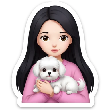 Beautiful girl with long straight black hair, fair skin, wearing pink clothes, holding a pure white fluffy Maltese dog sticker
