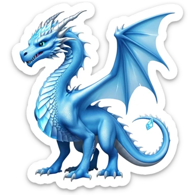 Cinematic Noble elegant Ice Dragon full body Emoji, Poised and imposing, distinct long elegant snout, with a slender, scaled body shimmering in glacial hues of icy blue, frostbitten silver, and crystalline white, breathing out frost, with piercing, glowing eyes that radiate the chilling depths of an arctic storm; rendered in detail. displaying its wings sticker