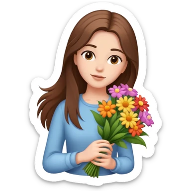 cool girl with long brown hair and fair skin tilting her head to the side while holding a bouquet of flowers sticker