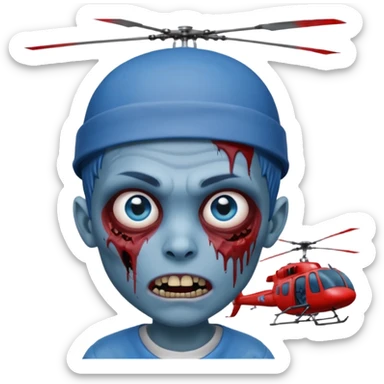 Zombie boy, with a blue face, blue eyes, brown hair and eyebrows, a sticking out fang, a bloody scratch on his face and a helicopter cap sticker