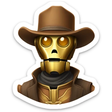 human-sized wild west Bounty hunter cowboy C3po wearing a small hat relaxed pose bearded rusty sticker