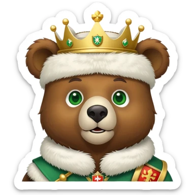 Adorable brown bear with green eyes, white furry ushanka, detailed Russian Federation emblem with golden double-headed eagle, three crowns, scepter and orb, St. George on chest shield, minimalist iOS emoji style sticker