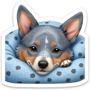 Meme-Worthy Cute Sleeping Blue Speckle Australian Cattle Dog Portrait Emoji, Head resting peacefully with a contented smile, showcasing a robust build and a luxuriously soft blue speckle Fur, eyes shut in a serene nap, Simplified yet hilariously adorable features, highly detailed, glowing with a soft, drowsy light, high shine, relaxed and utterly lovable, stylized with an air of playful laziness, bright and heartwarming, soft glowing outline, capturing the essence of a comically sleepy herder, so meme-worthy it feels like it could instantly become the next viral sensation of adorable slumber! sticker