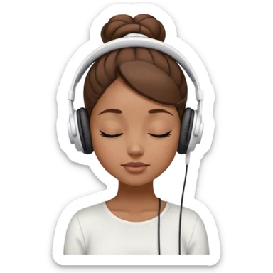Light brown skin girl, brown hair in bun, eyes closed, white headphones on listing to music sticker