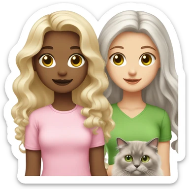 Coloured blonde girl with Long wavy hair with Brown green eyes and wearing a light pink shirt holding a grey  long haired ragdoll cat also wearing pink sticker