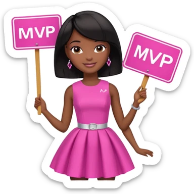 Black barbie, short  black bob  hair, pink dress with a sign that says mvp sticker
