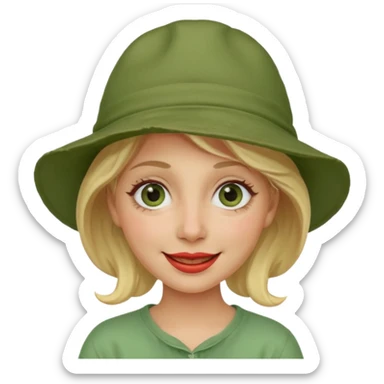 messy green clay mask and red tourist hat blond braided woman big eyes smiling and clay mask on face sticker
