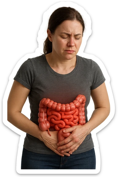 DONNA CON INTESTINO UMANO ANATOMICO IN EVIDENZA E MAL DI PANCIA, iperrealistico 4k, SFONDO BIANCO sticker