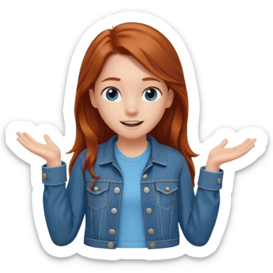 shrugging happy emoji tween long auburn hair light blue shirt with a darker blue L sticker