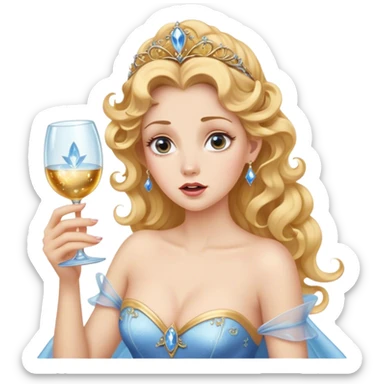 Cinematic Funny Cinderella Portrait Emoji, Stunned expression as she holds a glass slipper much too big, one eyebrow raised, golden curls slightly messy, a mix of royal grace and unexpected humor, capturing a lighthearted twist on her fairy tale moment! sticker