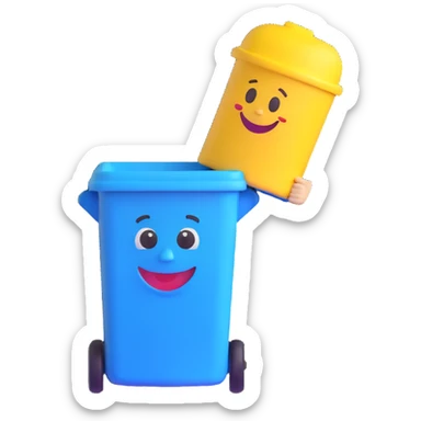 blue bin with a smiling face, waving sticker