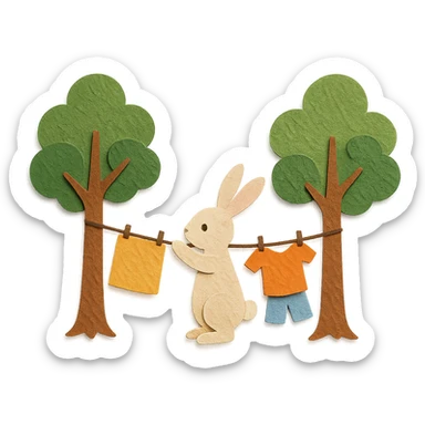 bunny hanging laundry between trees, calming domestic forest feel, paper craft style, flawless, high quality, no imperfections sticker