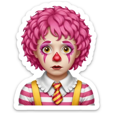 Pink curly wig.

White face paint with red nose and makeup.

Wearing a red-and-yellow striped costume with a white collar.

Wide-eyed, sad expression. sticker