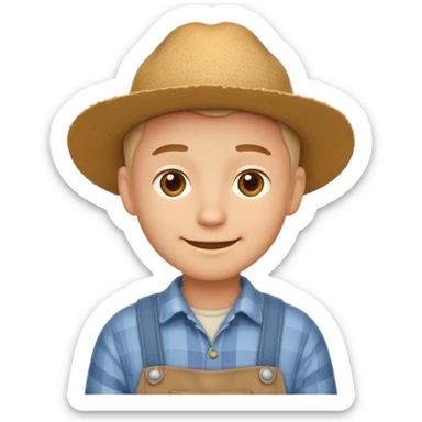 A calm, friendly male cartoon character with light skin, simple farm clothes, warm smile, stylized as a cute, readable emoji icon with soft earthy color sticker