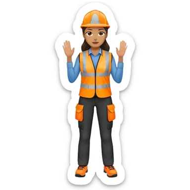 female, orange, hi-vis vest, dark trousers, no helmet, shoes, hand raised sticker