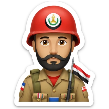 A very tired and sad, swarthy Iraqi soldier with a beard, an Iraqi flag on his helmet, a sad expression and bags under his eyes sticker