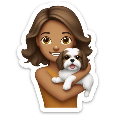 happy brunette brown girl holding shih tzu sticker